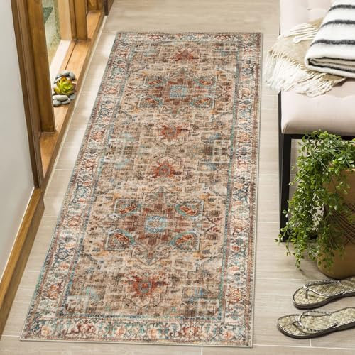 Cekene Distressed Area Runner Rugs 60x130cm Non-slip Washable Entryway Runner Rug Low Pile Kitchen Runner Mat Boho Carpet Floor Mat for Kitchen Bathroom Bedroom (Terracotta)