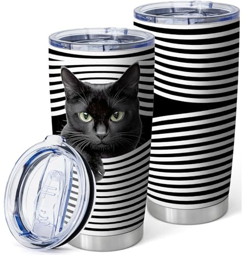 Equoza Black Cat Gift Tumbler Gift For Cat Lovers Funny Cat Mug 20oz Stainless Steel Cups with Lid Travel Mug Coffee Cup Cat Themed Gifts for Women