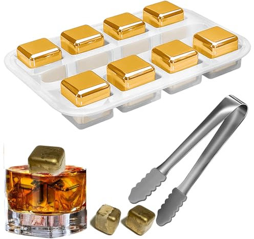 Eiswürfel Edelstahl,8 Stück Whisky Steine Edelstahl Set, Eiswürfel Aus Wiederverwendbare, Whisky Steine Set, mit Kieselgel Eisclip, Wein Kühlsteine, für Cocktail, Gold