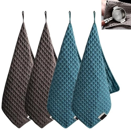 CLKE 4Pcs Barista Cloth with Lanyard, 30x30 cm Microfiber Towels, Absorbent Quick Dry, Reusable Microfibre Cleaning Cloths for Espresso Machines, Steam Wands, Bar Counter, Glass and Dish Cloths