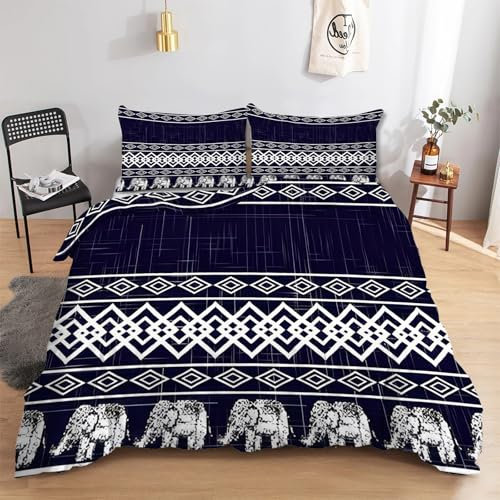 FamHarbor Indischer Elefant Muster Bettwäsche 135x200 cm mit 2 Kissenbezug 80x80 cm, Soft Mikrofaser Teenager Bettbezug mit Reißverschluss, Bohemian Stil Muster Bettwaren & Bettwäsche, A3078