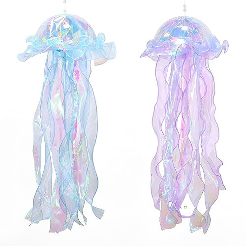 Dremisland 2 Stück Schwebende Quallen Lampe Hängend Quallen Laterne Leuchtend Blau Lila Tragbare Quallen Lampe Jellyfish Lamp Aufladbar Stimmungslicht für Geburtstags Mädchen Babyparty Partyzubehör