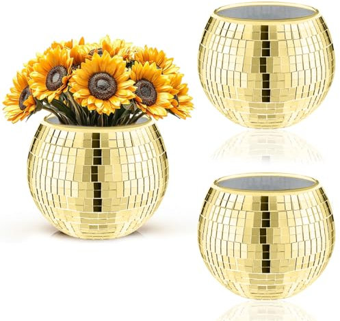 Esamploe 2 Pcs Disco Ball Vase,5 x 6 Inch Mirrored Disco Ball Planter,Disco Ball Candle Holders Perfect Disco Decorative Planters for Living Room Bedroom Table Wedding Party Birthday(Gold)