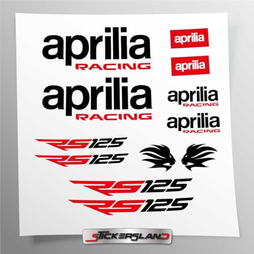 Aufkleber-Set kompatibel mit RS 125 New Tank und Motorradhelm Racing Factory, weiß, Basis-Vinyl, transparent, einfache Anbringung, UV-Druck, Schriftzug Logos, Stickersland® – Aprili (schwarz)