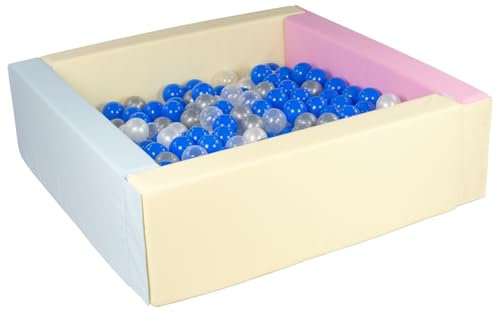 Velinda Piscine à balles carrée avec 200 balles, Cuir écologique, 5 éléments (Couleur de la Piscine/de balles: Rose, Bleu, Jaune (Pastel)/Perle, Transparent, Bleu, Argent)