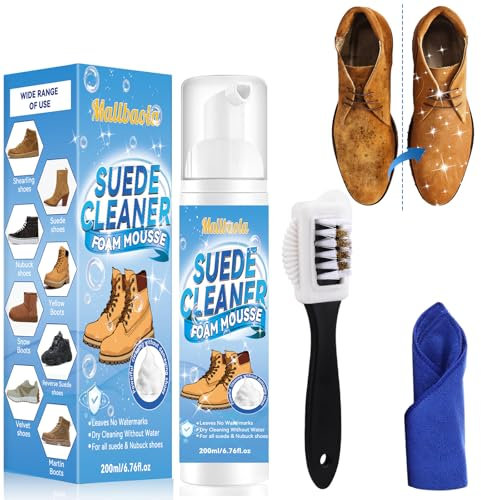Wildleder Reiniger, 6.76 OZ Schuhputzsets, Wildleder Pflege mit Tuch & 4-Seitiger Wildlederbürste, Sneaker Reiniger Weiß zum Entfernt Schmutz von Wildleder, Nubuk, Leder, Strick, Stiefeln & Canvas