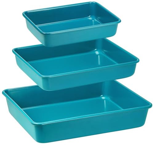 HONGBAKE Deep Baking Pans Set Nonstick, 3 Pack Large Rectangular Sheet Cake Pans,13/11/9Inch Oven Metal Baking Sheet Set, Stackable Non Toxic Bakeware for Baking Lasagana, Blue