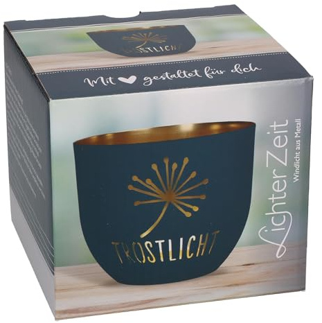 Butzon & Bercker Windlicht aus Metall Ø 9,2 cm – Metallwindlicht in dunkelgrau-matt, durchbrochenes Trost-Motiv, innen goldveredelt, in Geschenkverpackung: Windlicht aus Metall