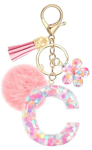 JSRQT Porte-clés Rose avec Initiale C pour Femmes Filles, Nom Porte-clés en Résine Lettres Alphabet à Paillettes et Fleurs, Pompons Pendentifs Bijou de Sac Keychain pour Sac à Main et Sac à Dos