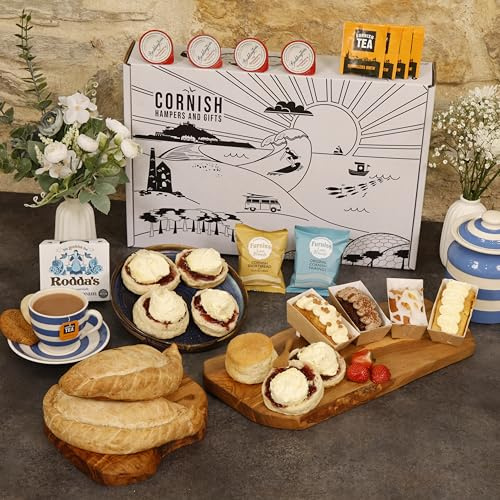 Afternoon Tea Hamper for 4 - Deluxe Tea Set Hamper Includes Pasties, Cakes, Fresh Scones, Biscuits, Jam & Cornish Tea – Birthdays, Anniversaries & Special Occasions, Gifts for Men & Women.