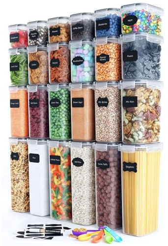 POSH Vorratsdosen mit Deckel Luftdicht, BPA-frei, Set mit 24 Vorratsbehälter, Küchen Aufbewahrungsboxenfür Gewürze, Zucker, Mehl, Küchen Organizer für Lebensmittel, Mit Löffel, Aufkleber und Marker