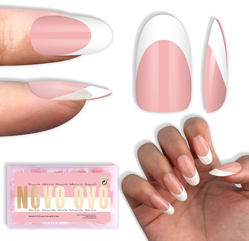 NOVO OVO White French Tip Oval Nail Tips Press on BABY PINK, Extra Thick Medium Soft Gel Fake Nail Acrylic Extension, Need Builder Gel Top Coat, No Glue Included, for Salon DIY x 15 Sizes 240 pcs
