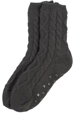 OHS Mens Slipper Socks Cable Knit, Thermal Winter Cosy Mens Slipper Socks with Grippers Warm Soft Comfy Thick Non Slip Bed Sock with Fluffy Lining Gifts for Men Women, Charcoal Grey One Size