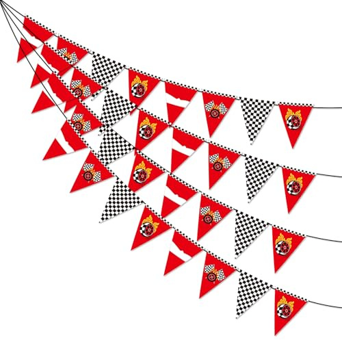 4stk Rennwagen Banner, Vormontiert Rennwagen Girlande mit Rad und Schachbrettmuster Elementen für Dekoration von Geburtstagsparty Mottopartys