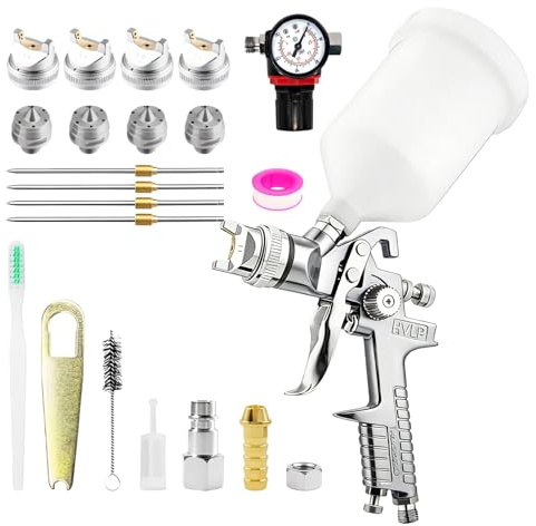 HVLP Pistolet à Peinture Professionnel à 4 Buses (1,4/1,7/2,0/2,5 mm), Pistolet Peinture Air Comprimé avec Godet 600ML, Spray Gun pour Voiture, Meuble, Bois et Métal