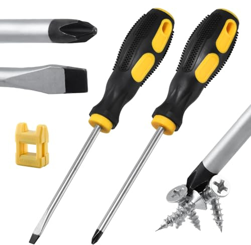 LEONTOOL 2 Pieces 4 Screwdriver Set Slotted and Phillips Screwdrivers, Flat Head and Cross-Head Screwdriver, Magnetic Screwdrivers with Magnetizer Demagnetizer, Non-Slip Handles