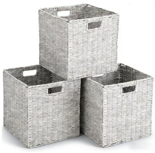 3er-Set Aufbewahrungs Korb geflochten,Aufbewahrungskorb Regalkorb Faltbar,Regalkörbe,Regalbox Storage Box (Grau 25x25x25 cm)