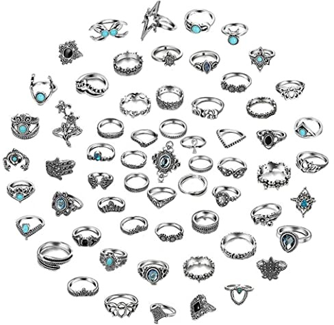 Veesper Vintage-Ring-Set, 62-teilig, Silberne Knuckle-Ringe, stapelbar, Gelenkfinger für Frauen, Boho-Retro-Modeschmuck, Ring-Set