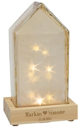 Herz & Heim® Leonardo LED Dekohaus aus Glas mit Gravur von Namen & Datum – Deko-Lampe als Geschenk für Paare