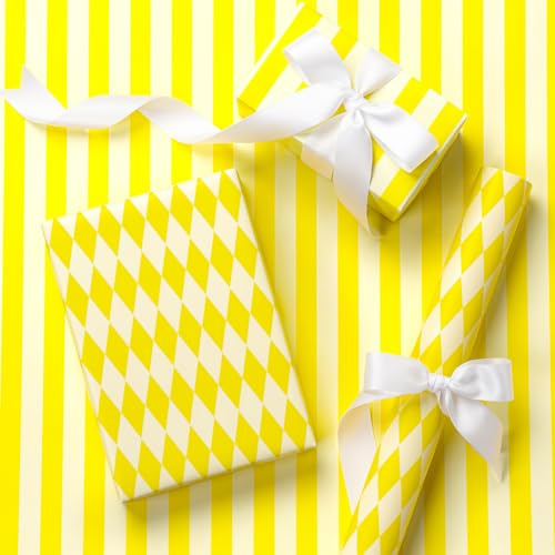 RUSPEPA Mini-Wende-Geschenkpapierrolle – Gelb-weiße Streifen/Rautenmuster, 43,2 cm x 5 m – Perfekt für Geburtstag, Hochzeit, Ostern, Frühling, Babypartys/Brautpartys
