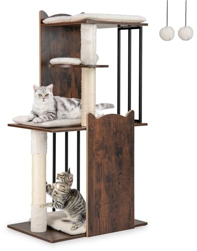 COSTWAY Kratzbaum Holz und Metall, 112 cm, Katzenbaum mit Kratzsäulen, 4 Plattformen, Bällen & abnehmbaren Kissens, Katzenkratzbaum Katzen, Kletterbaum Aktivitätsbaum, Vintagebraun