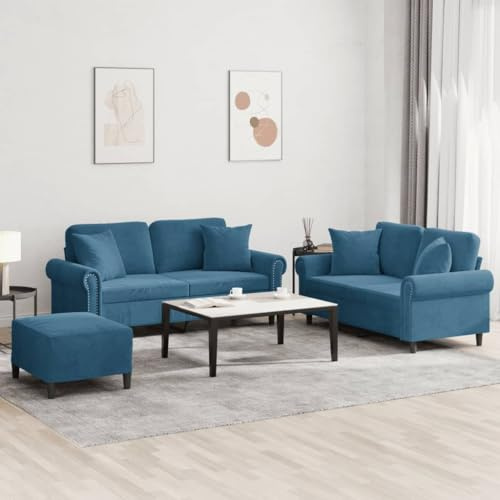 Ziaphsol 3-TLG. Sofagarnitur mit Kissen, Blau Samt Polsterung, Robuster Metallrahmen, Bequeme Wohnzimmer Couch, Modulares Ecksofa Set für Entspannung