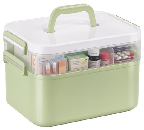 Otopone Medicine Storage Box, Multi Grid Covered Medicine Box with Handle | Medical Boxes with Removable Tray for School Home and Office (Green, 28x19x18.5CM)