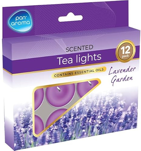 Pan Aroma Lavender Garden Scented Tea Lights, Essential Oil Infused, 1.4cm x 14.9cm, 140g, 12 Pack, Indoor Use, Home Fragrance and Aromatherapy (Lavender Garden)