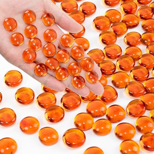 Foncomy Orange Flat Glass Marbles, 440g Vase Filler Pebbles Gems, Decorative Glass Beads for Vases, Crafts, Floral, Mancala Stones, Aquarium Rocks for Fish Tank, 17-19mm (Approx. 80-100 PCS)