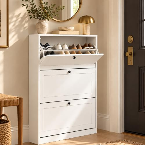 Hoch Schuhschrank Weiß Hochglanz, Schmaler Schuhkipper mit 3 Klappen | Platzsparende Schuhaufbewahrung für schmale Flure, Eingänge und Wohnungen mit modernem Design