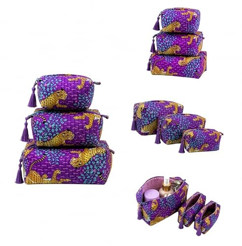 LE KESARI Kit 3 Trousses de Maquillage Léopard Violette – Petite, Moyenne et Grande – Trousse de Toilette Femme Voyage – Pochette Cosmétique Matelassée avec Pompons
