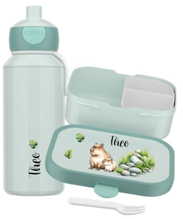 Mepal Set Brotzeitdose & Trinkflasche personalisiert, Brotdose Kinder mit Fächern, Lunch Box & Wasserflasche mit Name, auslaufsicheres Bento Box Set mit buntem Aufdruck Capybara (mint)
