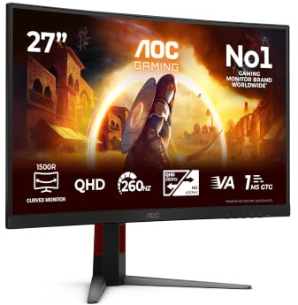 AOC CQ27G4Z2AD 27 inch WQHD Monitor Curved, 260Hz (OC, Native 240Hz), Fast VA Panel, 1ms GtG, Adaptive Sync, HDR400, FreeSync Premium Height Adjustment, (2560x1440 HDMI 2x 2.0 DP 1x 1.4) Black