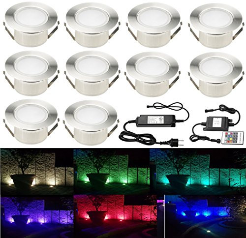 SUBOSI 10 x RGB LED-Spot-Lampe, für Terrasse, Eingang, Deckenleuchte, DC12 V, IP67, Ø 61 mm, Außenleuchte, Deko, für Weg, Treppe, Pool, Lampe