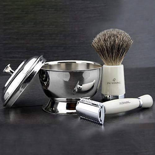 3 Piece Super Badger Traditional Mens Wet Shaving Set Super Badger Brush Classic Double Edge Safety Razor and Stainless Steel Shaving Bowl Perfect Shaving Kit for Men