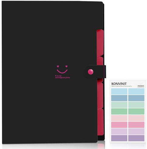 KONVINIT Dokumentenmappe Fächermappe a4 Erweiterbar Ordnungsmappe mit 5 Tasche Große Kapazität Aktenordner mit Druckknopf Schule Document Organizer,Mappe mit Fächern,schwarz