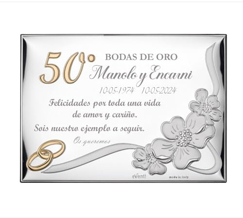 Curia Grabador Placa Conmemorativa 50 Aniversario - Regalo Bodas de Oro Personalizado - Grabado Personalizado con Nombres y Fecha, Dedicatoria Especial. Modelo Felicidad