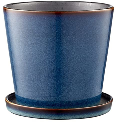 BITZ Blumentopf/Kräutertopf, Übertopf aus Keramik für Blumen und Kräuter, Durchm. 14 cm, Dunkelblau/Schwarz