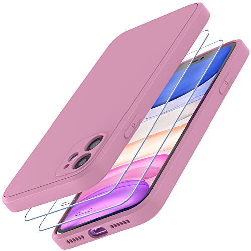 Losvick for iPhone 11 Phone Case with 2 x Tempered Glass Screen Protector, Liquid Silicone Slim Soft Shockproof Bumper Microfiber Lining Anti-Scratch Cover for iPhone 11-6.1 inch- Light Purple