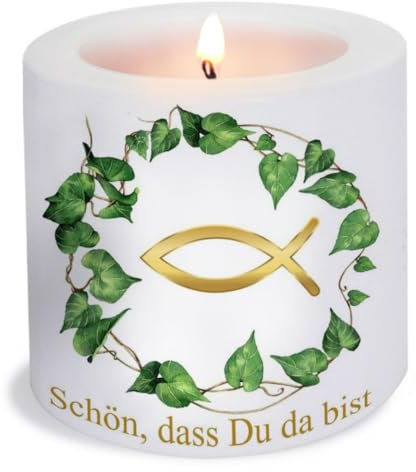 Serviettenshop Kerze rund Green Leaves and Fish gold Grüne Blätter um Fisch | Kommunion,Konfirmation, Taufe | Schön DASS du da bist | Ø 8cm | Höhe 7,5cm