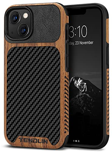 TENDLIN Compatible with iPhone 13 Case Wood Grain with Carbon Fiber Texture Design Leather Hybrid Case Compatible for iPhone 13 6.1-inch Released in 2021 Black