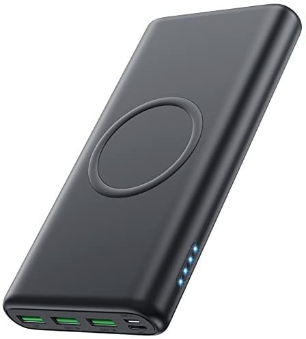 Wireless Powerbank, [15W QI kabelloses Aufladen+25W PD Fast Charging+Gleichzeitige Aufladen 5 Geräte] Externer Akku QC 4.0 Tragbares Ladegerät mit 2 Eingang für iPhone Samsung Huawei