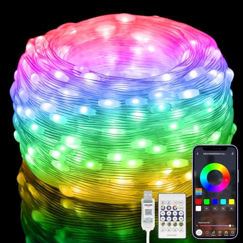 Electight 10M LED Luci Natale con Telecomando [IP65 Impermeabile], RGB Smart IC Multicolore, APP Controllo, Scene Multiple, Temporizzazione, USB Alimentazione, Interni/Esterni, Giardino, Matrimoni