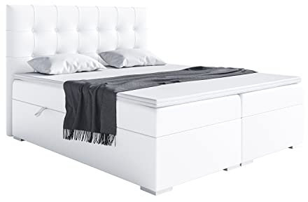MEBLINI Boxspringbett mit Bettkasten - Gepolstert Doppelbett mit Matratze und Topper - Polsterbett mit Stauraum - Bett mit Kopfteil - Stauraumbett - Deniz - 120x200 - H4/Weiß Kunstleder