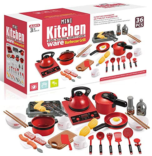 BAKAJI Set Kit 36 Pezzi da Cucina Giocattolo Gioco per Bambini con Suoni Realistico Simulazione Giochi Giocattoli Set Cuoco con Cibo Pentole Bacchette Padelle Mestoli Cucinare Multiuso Colore Rosso