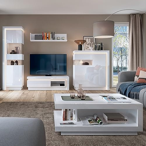 Lomadox Modernes Wohnwand Set in weiß Hochglanz, bestehend aus Vitrine, TV-Lowboard, Wandboard, Highboard und Couchtisch