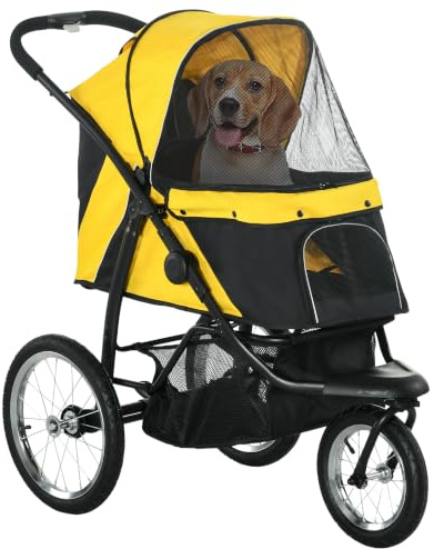 PawHut Dog Pram for Medium Small Breeds w/Rubber Wheels, Yellow | Dog Stroller Jogger Foldable Pet Pushchair, Washable Cushion