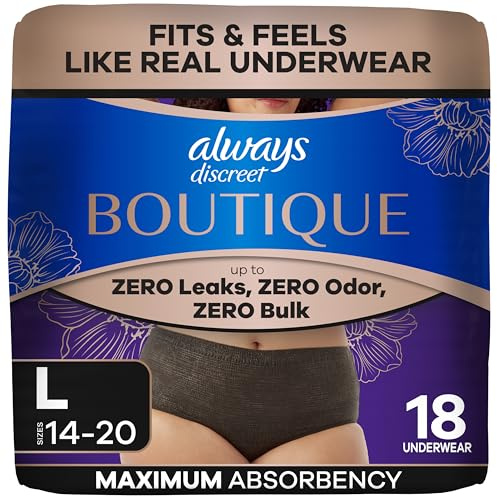 Always Discreet Boutique Incontinence and Postpartum Underwear for Women, Maximum Protection, Large, Black, 18 Count