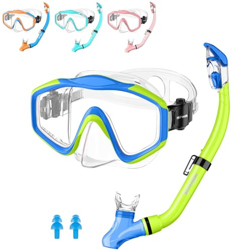 HiiPeak Kids Snorkel Set, Dry Top Snorkel Mask Snorkelling Package, Snorkelling Diving Mask with Breathing Tube Panoramic View Tempered Glass Anti-Fog, Children Swimming Goggles,Snorkeling Gear