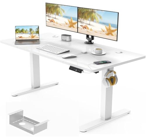 Devoko 140 x 70cm Electric Standing Desk with USB Charging Port (New Sedentary Reminder), Height Adjustable Standing Desk with Cable Tray, Small Sit Stand Desk for Home Office (White)
